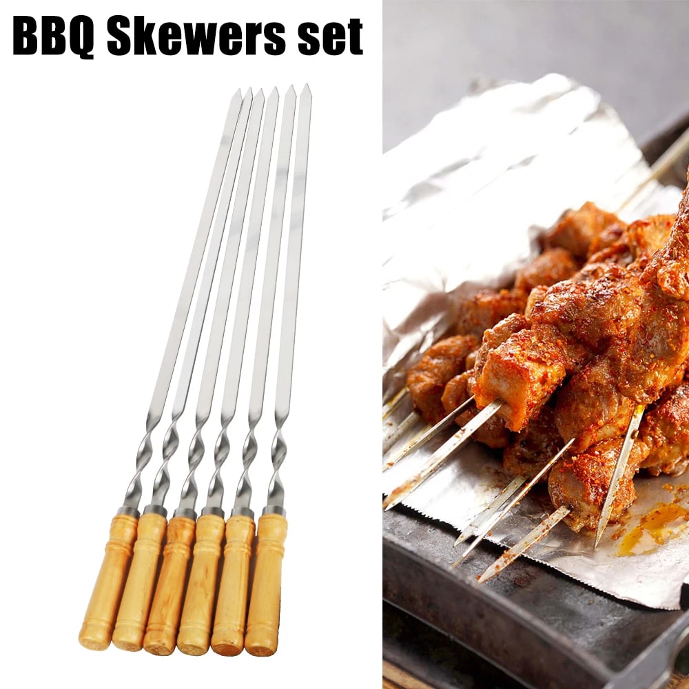 55cm BBQ Skewers with Wooden Handles, Flat Metal Shish Kebab Sticks, 6 Pack