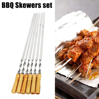55cm BBQ Skewers with Wooden Handles, Flat Metal Shish Kebab Sticks, 6 Pack