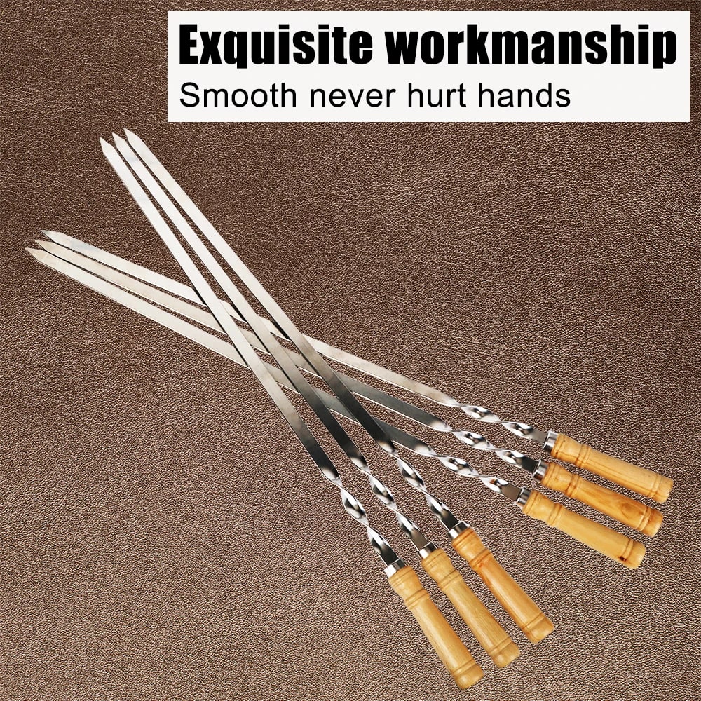 55cm BBQ Skewers with Wooden Handles, Flat Metal Shish Kebab Sticks, 6 Pack