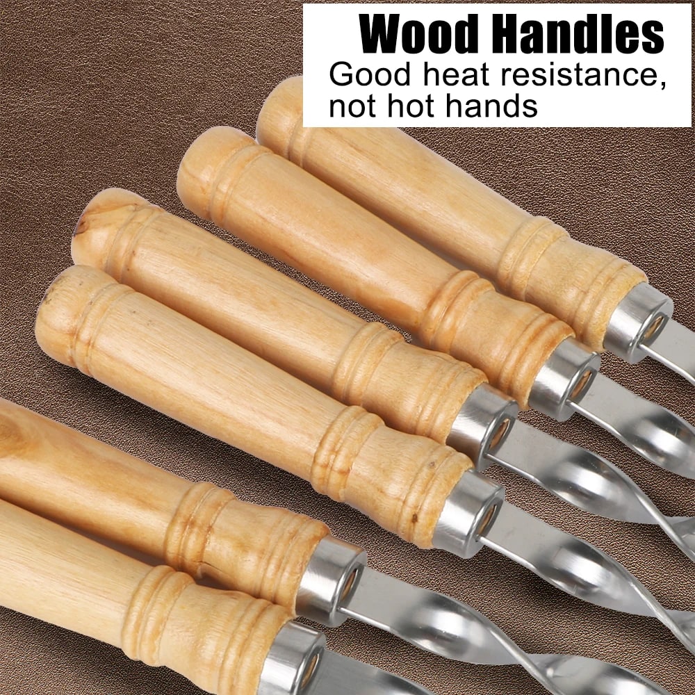 55cm BBQ Skewers with Wooden Handles, Flat Metal Shish Kebab Sticks, 6 Pack