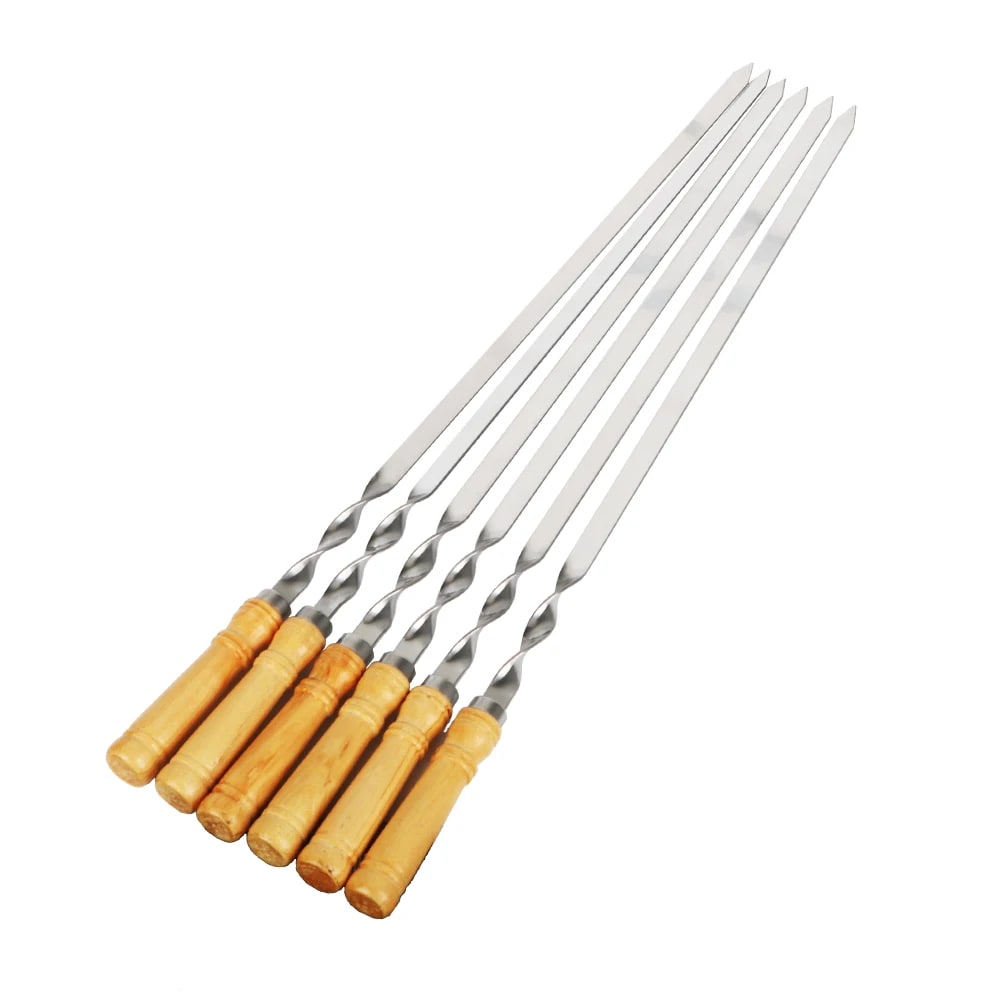 55cm BBQ Skewers with Wooden Handles, Flat Metal Shish Kebab Sticks, 6 Pack