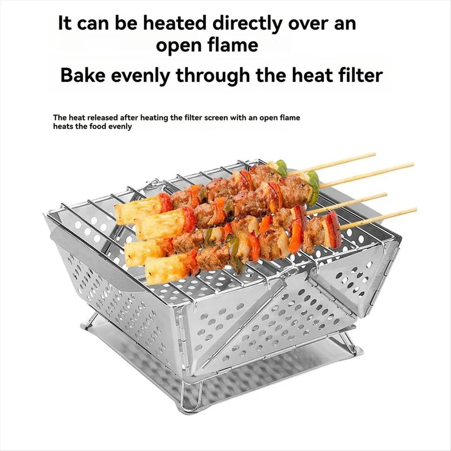 Portable Folding Stainless Steel BBQ Grill for Camping, Silver