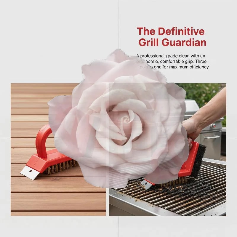3-in-1 BBQ Grill Cleaning Brush with Scraper and Fibre Pad, Copper and PP, 13 x 12.5cm