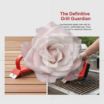 3-in-1 BBQ Grill Cleaning Brush with Scraper and Fibre Pad, Copper and PP, 13 x 12.5cm