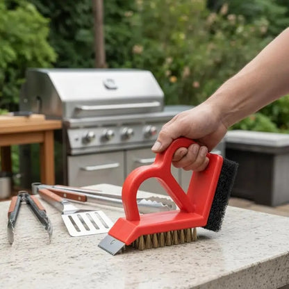 3-in-1 BBQ Grill Cleaning Brush with Scraper and Fibre Pad, Copper and PP, 13 x 12.5cm