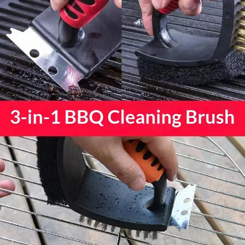 3-in-1 BBQ Grill Cleaning Brush with Scraper and Fibre Pad, Copper and PP, 13 x 12.5cm