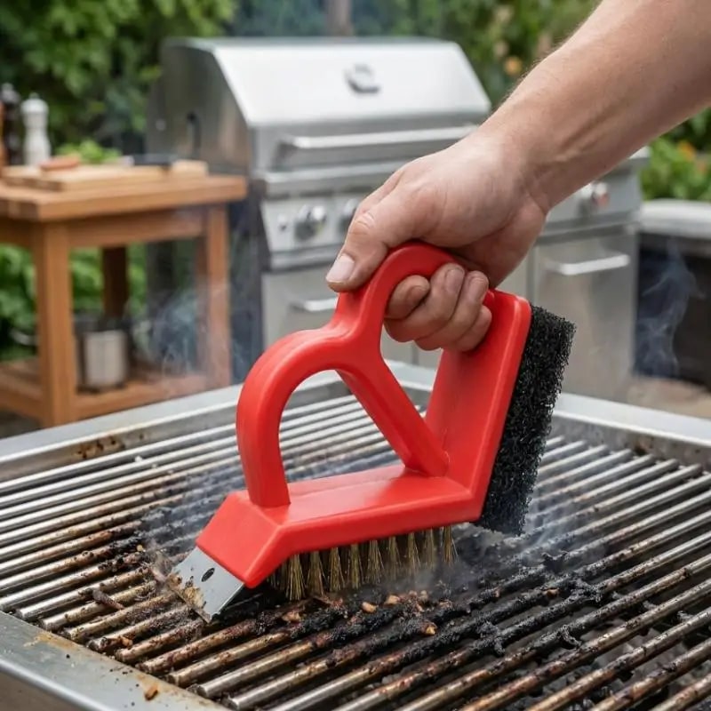 3-in-1 BBQ Grill Cleaning Brush with Scraper and Fibre Pad, Copper and PP, 13 x 12.5cm