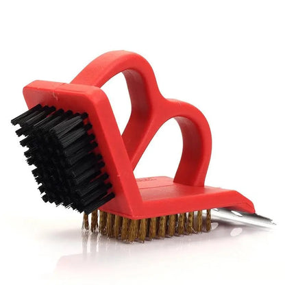 3-in-1 BBQ Grill Cleaning Brush with Scraper and Fibre Pad, Copper and PP, 13 x 12.5cm - Red