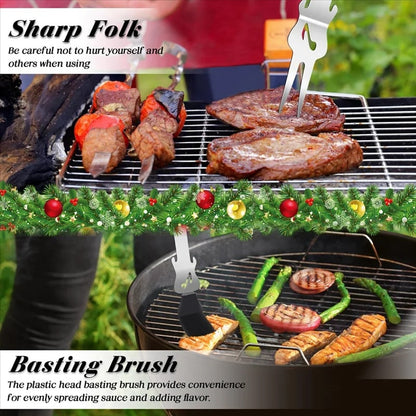 4-Piece Stainless Steel BBQ Tool Set with Tongs, Fork, Spatula and Basting Brush