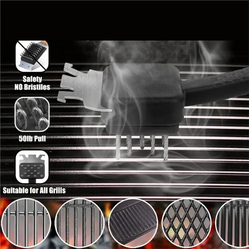 Outdoor BBQ Grill Cleaning Brush with Stainless Steel Wire Loops and Scraper, 44cm
