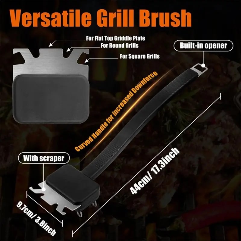 Outdoor BBQ Grill Cleaning Brush with Stainless Steel Wire Loops and Scraper, 44cm