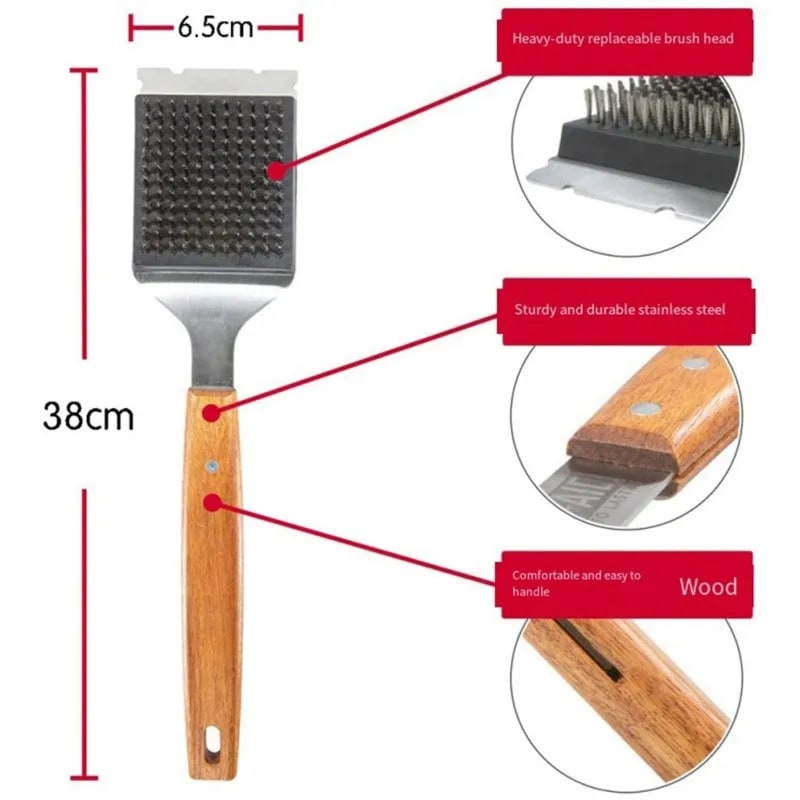 BBQ Grill Cleaning Brush Set, 2 Pack, 38cm Wood and Stainless Steel