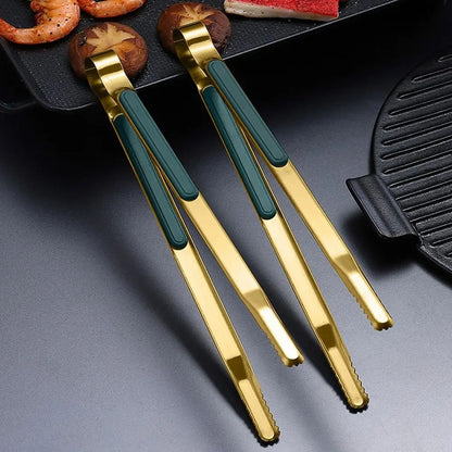 Metal BBQ Food Tongs with Serrated Ends, Silver & Gold, 7, 8 or 10 Inch