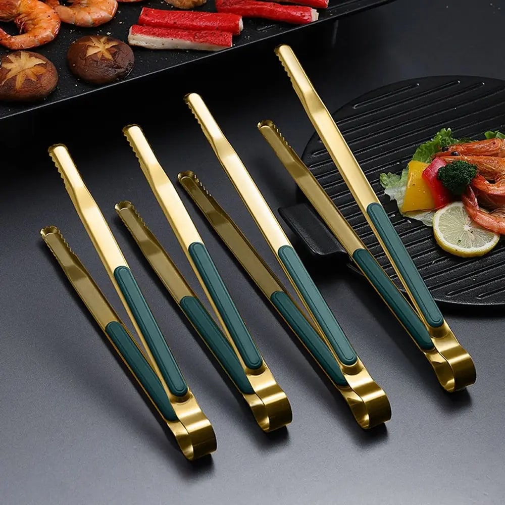 Metal BBQ Food Tongs with Serrated Ends, Silver & Gold, 7, 8 or 10 Inch