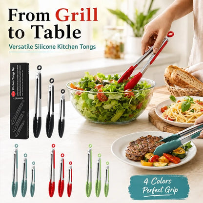 Rubber-Tipped Stainless Steel BBQ Tongs, 7/9/12 Inch, 1 or 3 Pack