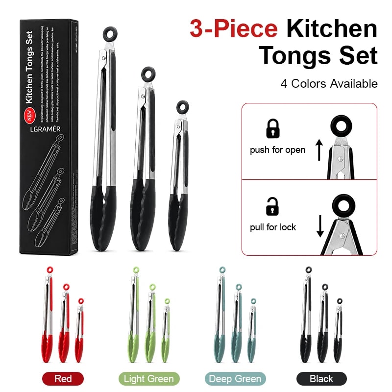 Rubber-Tipped Stainless Steel BBQ Tongs, 7/9/12 Inch, 1 or 3 Pack