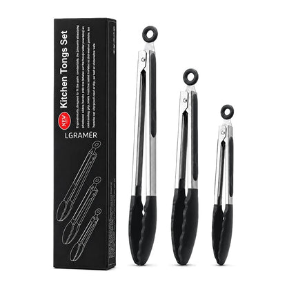 Rubber-Tipped Stainless Steel BBQ Tongs, 7/9/12 Inch, 1 or 3 Pack - 3pcs-Black