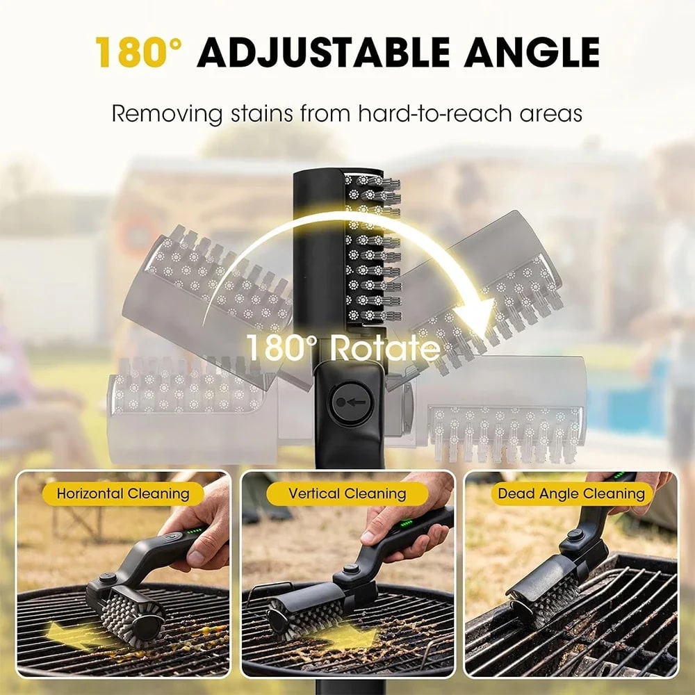 Rechargeable Electric Grill Brush with 180° Adjustable Angle, 3 Speeds and Stainless Steel Brush