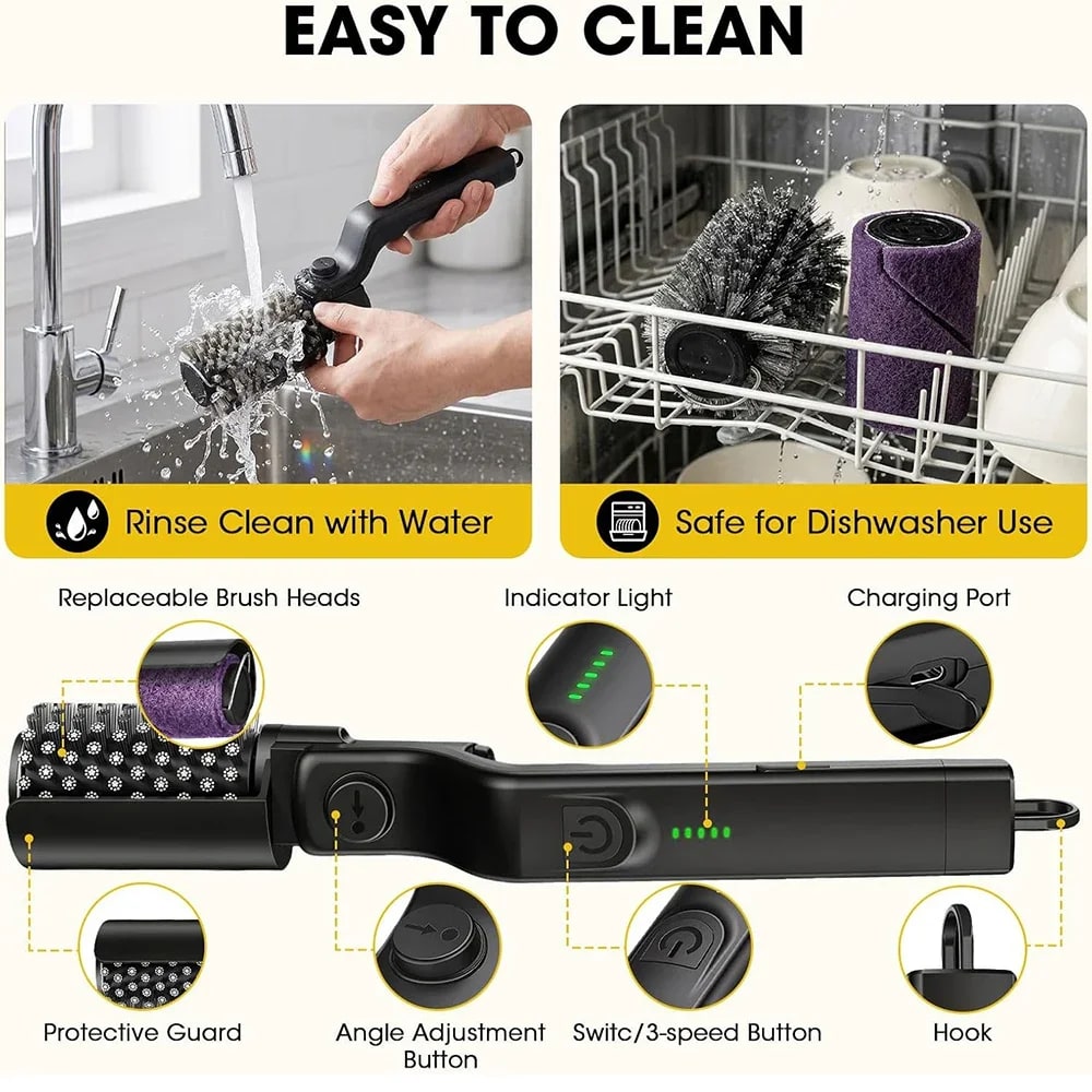 Rechargeable Electric Grill Brush with 180° Adjustable Angle, 3 Speeds and Stainless Steel Brush