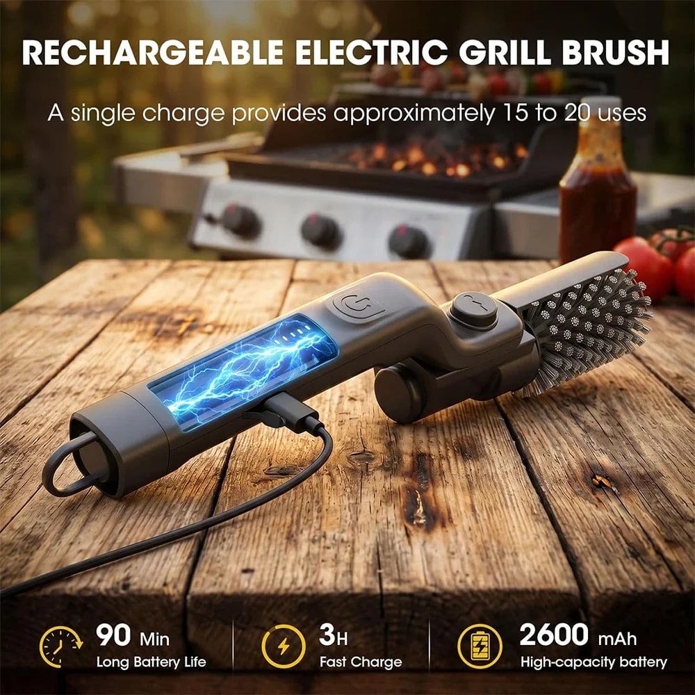 Rechargeable Electric Grill Brush with 180° Adjustable Angle, 3 Speeds and Stainless Steel Brush