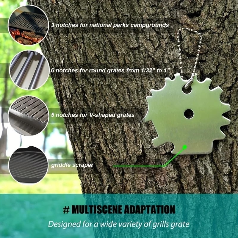 Stainless Steel BBQ Grill Grate Cleaning Scraper, Portable Multi-Notch Tool