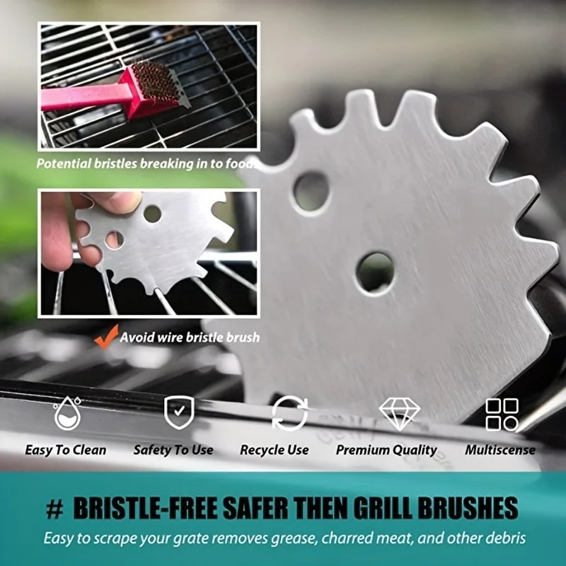 Stainless Steel BBQ Grill Grate Cleaning Scraper, Portable Multi-Notch Tool