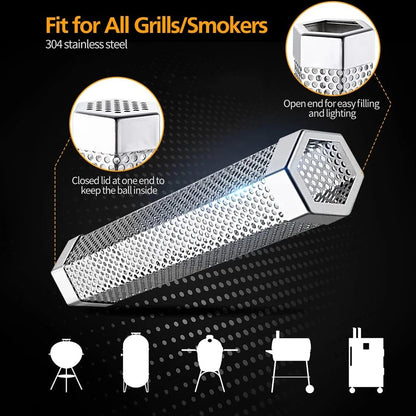 Pellet Smoker Tube Set with Brush and Hooks, 6in or 12in