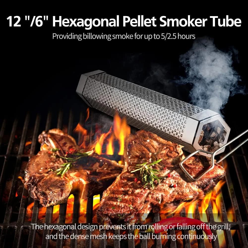 Pellet Smoker Tube Set with Brush and Hooks, 6in or 12in