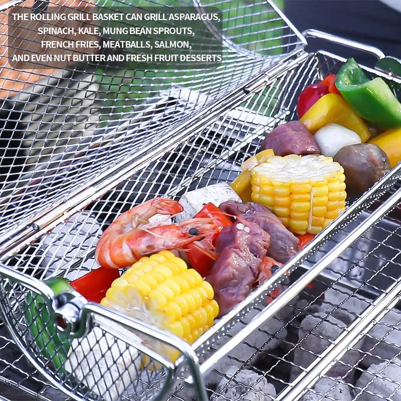 Rolling BBQ Grill Basket with Stand, Stainless Steel Mesh Cage, 32 x 16 x 13cm