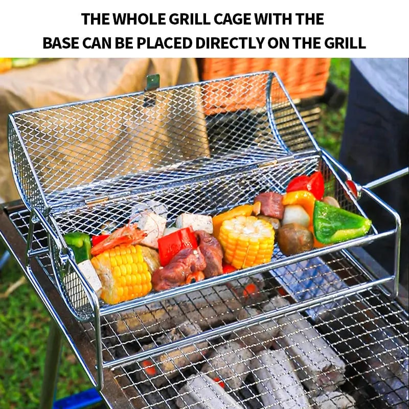 Rolling BBQ Grill Basket with Stand, Stainless Steel Mesh Cage, 32 x 16 x 13cm