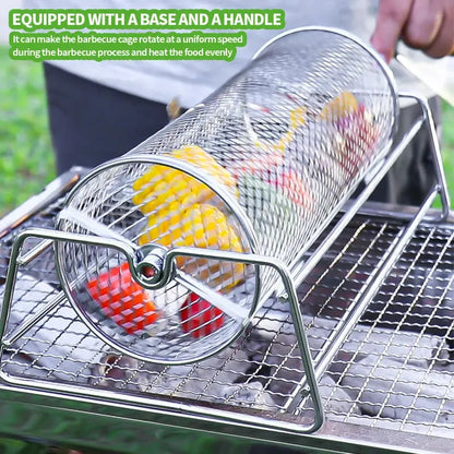 Rolling BBQ Grill Basket with Stand, Stainless Steel Mesh Cage, 32 x 16 x 13cm