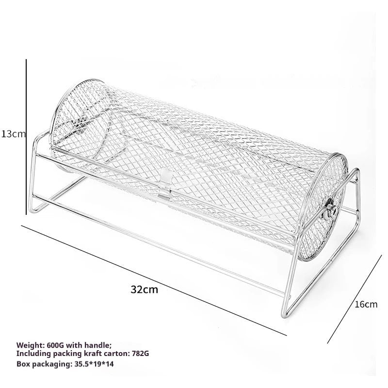 Rolling BBQ Grill Basket with Stand, Stainless Steel Mesh Cage, 32 x 16 x 13cm
