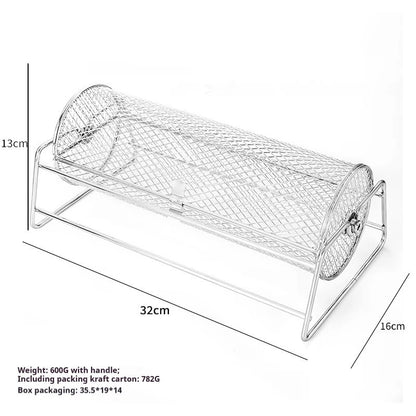 Rolling BBQ Grill Basket with Stand, Stainless Steel Mesh Cage, 32 x 16 x 13cm