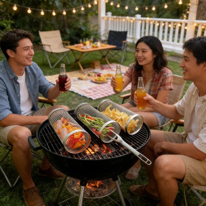Stainless Steel BBQ Grill Cage, Round Mesh Basket, 20cm or 30cm