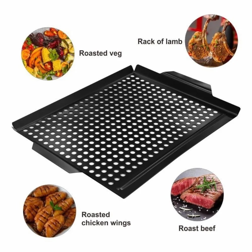 Perforated Iron Barbecue Grill Pan with Raised Sides, Black, Styles A and B