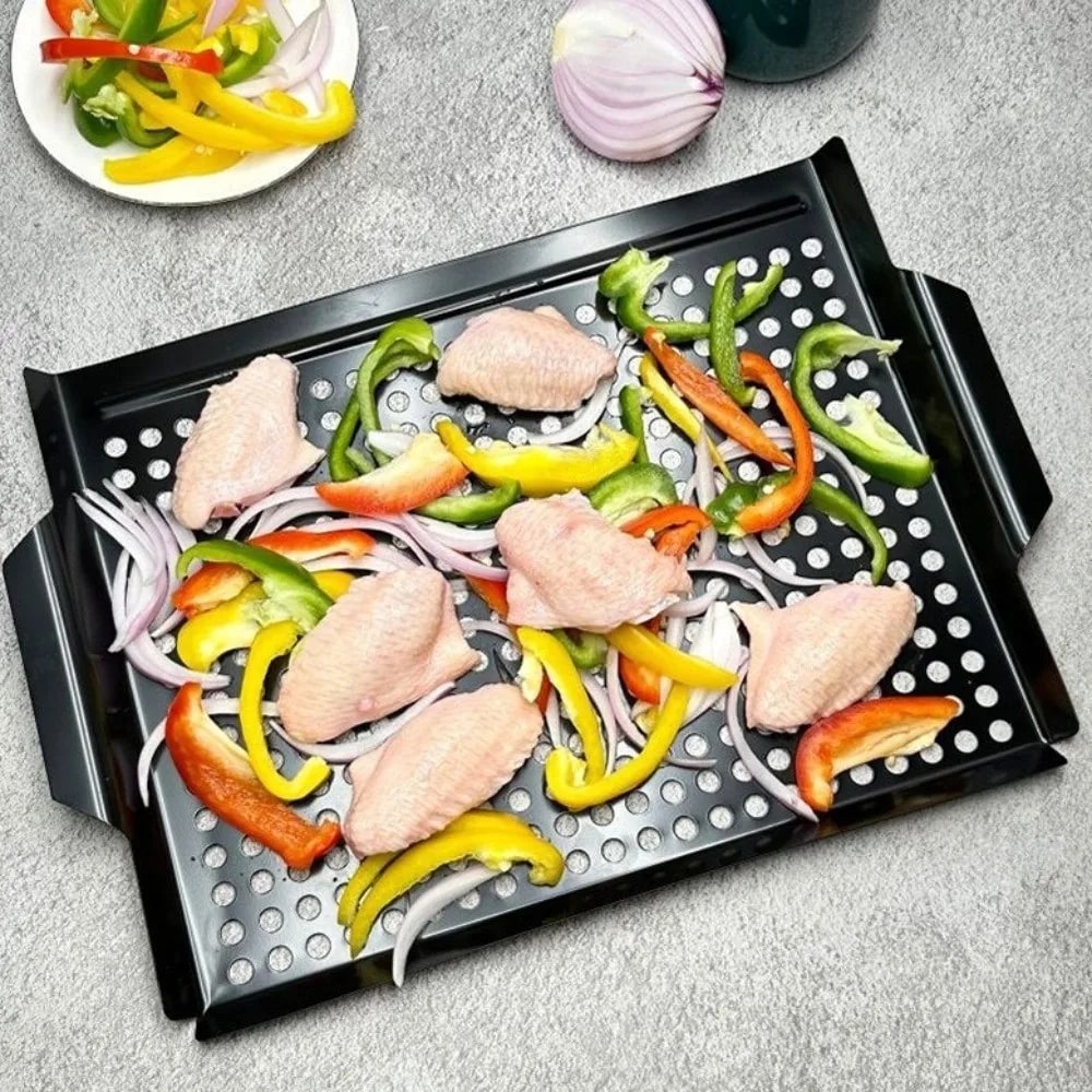 Perforated Iron Barbecue Grill Pan with Raised Sides, Black, Styles A and B