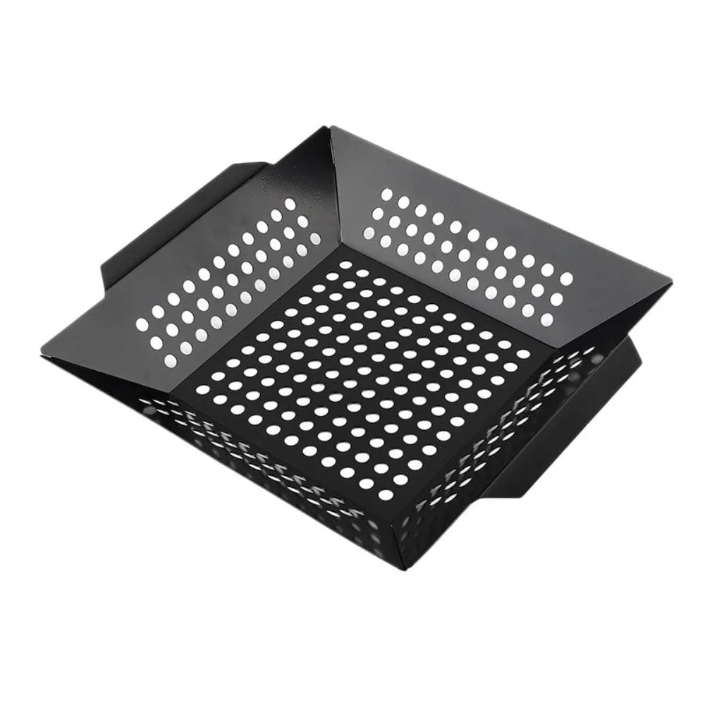 Perforated Iron Barbecue Grill Pan with Raised Sides, Black, Styles A and B