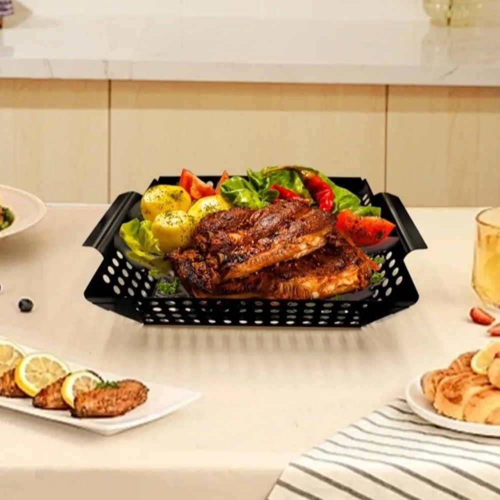 Perforated Iron Barbecue Grill Pan with Raised Sides, Black, Styles A and B