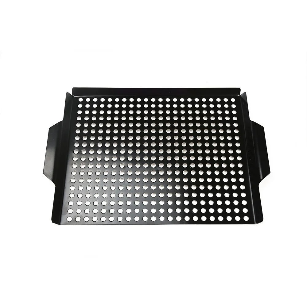 Perforated Iron Barbecue Grill Pan with Raised Sides, Black, Styles A and B