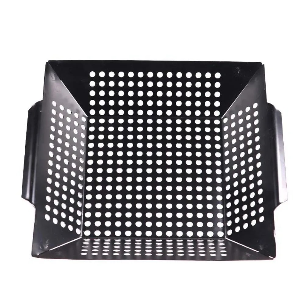 Perforated Iron Barbecue Grill Pan with Raised Sides, Black, Styles A and B