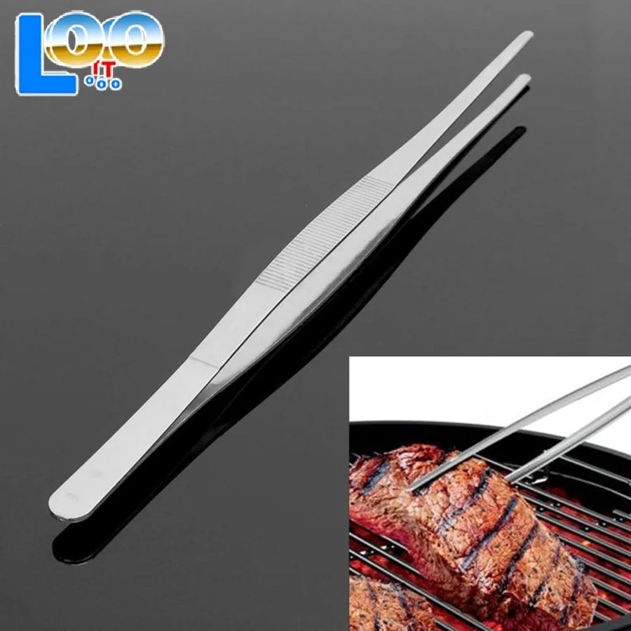 Stainless Steel BBQ Food Tongs, Long Tweezers, 25cm or 30cm, Silver