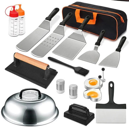 17-Piece Stainless Steel BBQ Tool Set with Carry Bag, Spatulas and Press