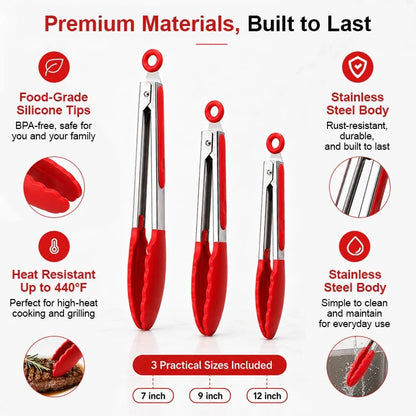 Stainless Steel Kitchen Tongs with Silicone Tips, 7, 9 or 12 Inch BBQ Tongs, 3-Piece Set