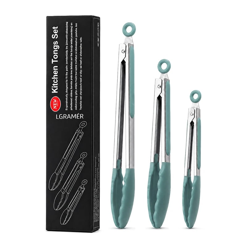 Stainless Steel Kitchen Tongs with Silicone Tips, 7, 9 or 12 Inch BBQ Tongs, 3-Piece Set
