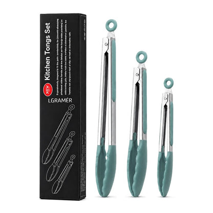 Stainless Steel Kitchen Tongs with Silicone Tips, 7, 9 or 12 Inch BBQ Tongs, 3-Piece Set