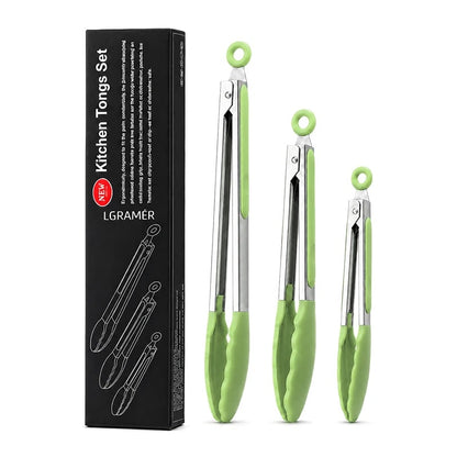 Stainless Steel Kitchen Tongs with Silicone Tips, 7, 9 or 12 Inch BBQ Tongs, 3-Piece Set