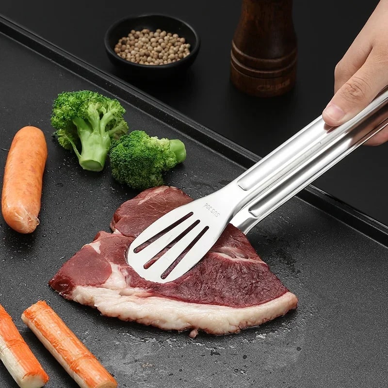 Stainless Steel BBQ Tongs with Slotted Heads, 9, 12 or 14 Inch
