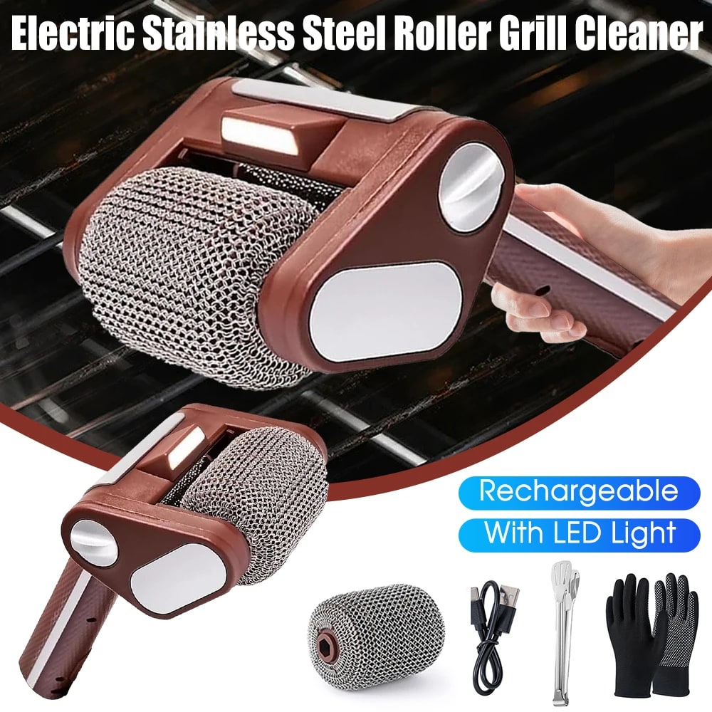 Rechargeable Bristle-Free Electric Grill Cleaner Brush with LED Light, 304 Stainless Steel Roller