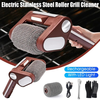 Rechargeable Bristle-Free Electric Grill Cleaner Brush with LED Light, 304 Stainless Steel Roller