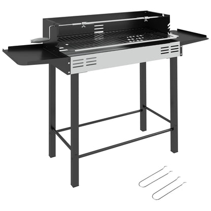 Outsunny Charcoal Spit Roasting BBQ Grill with Rotisserie, 3-Level Grate & Foldable Side Shelves